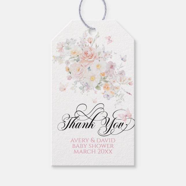 Baby i Bloom Vild Flower Butterfly Baby Shower Presentetikett (Framsidan)