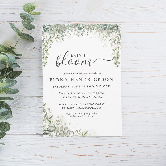 Baby i Bloom | Vit Blommigt Greenery Baby Shower Inbjudningar (Skapare uppladdad)