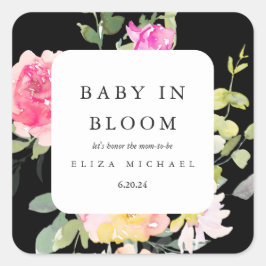 Baby i Bloom Watercolor Blommigt Baby Shower Black Fyrkantigt Klistermärke