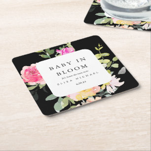 Baby i Bloom Watercolor Blommigt Baby Shower Black Underlägg Papper Kvadrat
