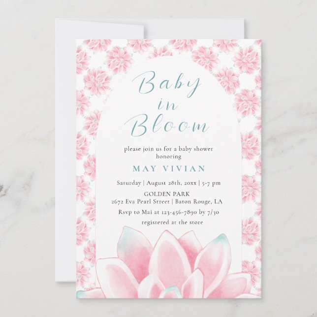 Baby i Bloom Watercolor Blommigt Lotus Rosa Shower Inbjudningar (Framsida)