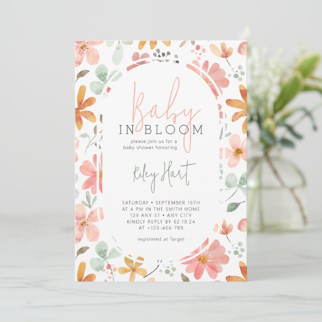 Baby i Bloom Watercolor Flowers Girl Baby Shower Inbjudningar (Stående Fram)