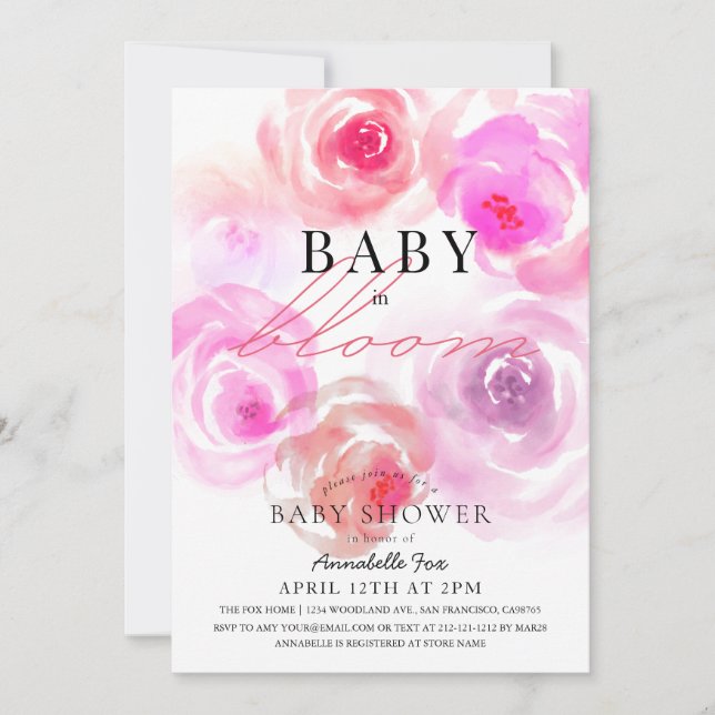 Baby i Bloom Watercolor Ro Baby Shower Inbjudningar (Framsida)