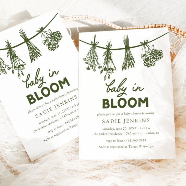 Baby i Bloom Whimsical Grönt Baby Shower Inbjudningar (Skapare uppladdad)