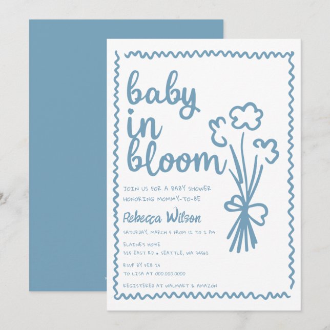 Baby i Bloom Whimsical Hand plockade Boy Shower Inbjudningar (Fram/baksida)