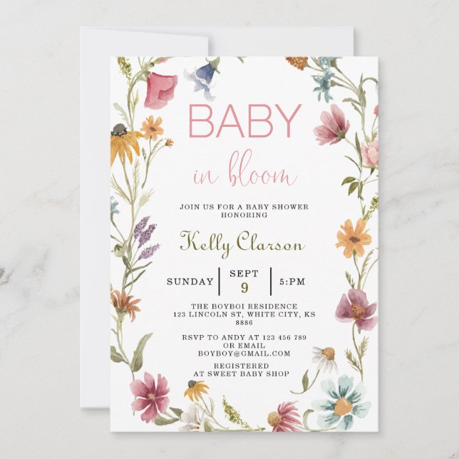 Baby i Bloom WildblomGirl Baby Shower Inbjudningar (Framsida)