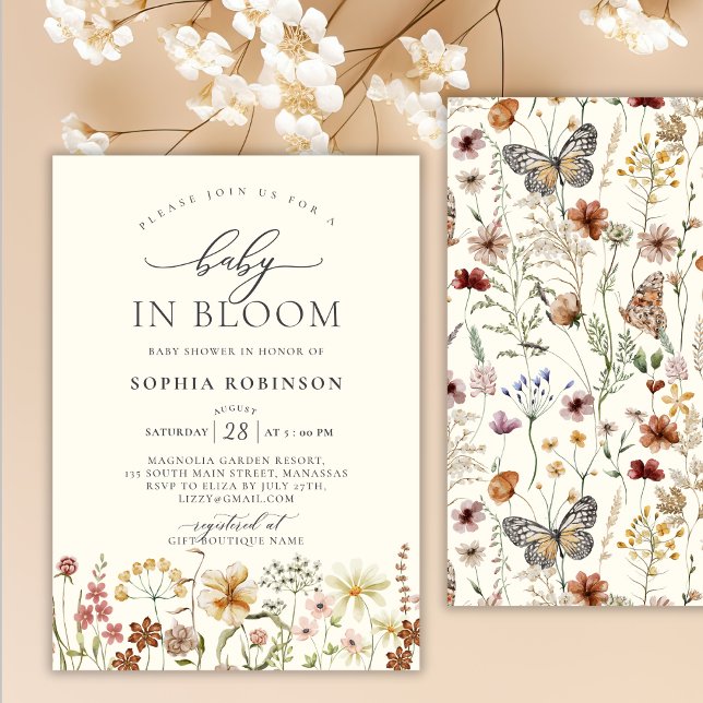 Baby i Bloom Wildblomma Boho Beige Baby Shower Inbjudningar (Skapare uppladdad)