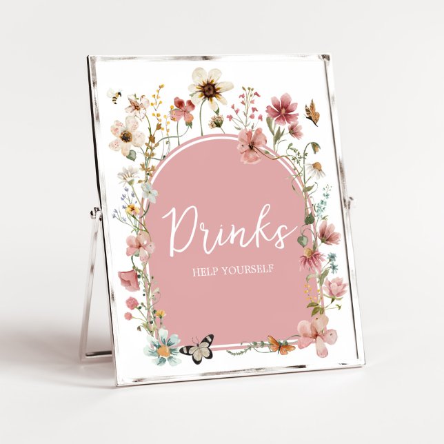 Baby i Bloom Wildblomma Drinks Poster (Muted Pink Spring Flowers Baby Shower Drinks Sign)