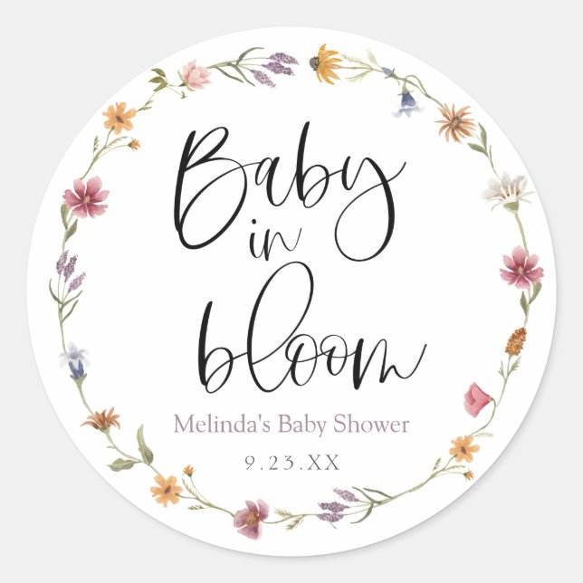 Baby i Bloom Wildblomma Runt Klistermärke (Framsida)