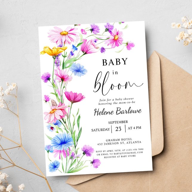 Baby i Bloom Wildblomma Rustic Boho Baby Shower Inbjudningar (Baby in Bloom Wildflower Rustic Boho Baby Shower Invitation)