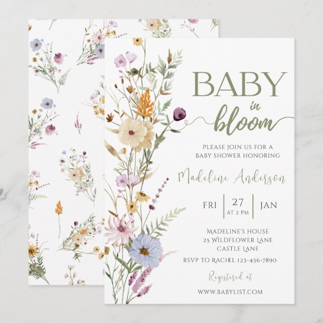 Baby i Bloom Wildblomme Baby Shower Inbjudningar (Fram/baksida)