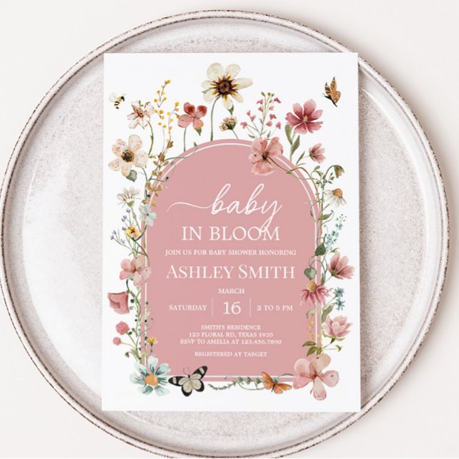 Baby i Bloom Wildblomme Baby Shower Inbjudningar (Muted Pink Spring Flowers Baby Shower Invitation)