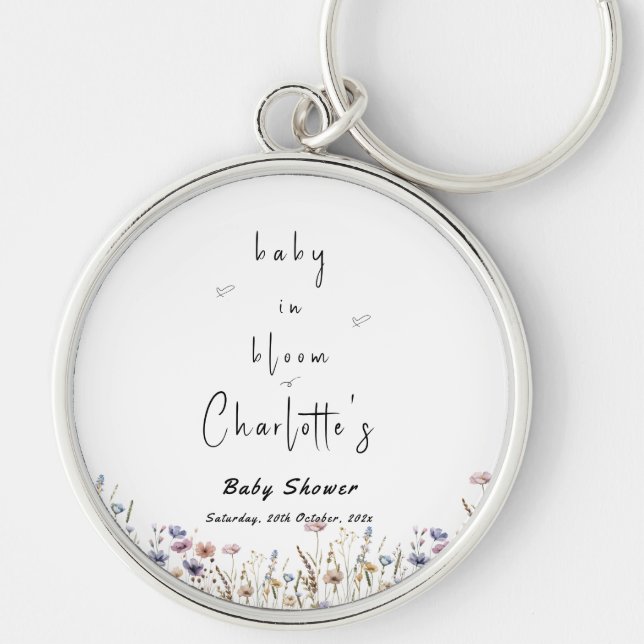 Baby i Bloom Wildblomme Baby Shower Rund Silverfärgad Nyckelring (Framsidan)