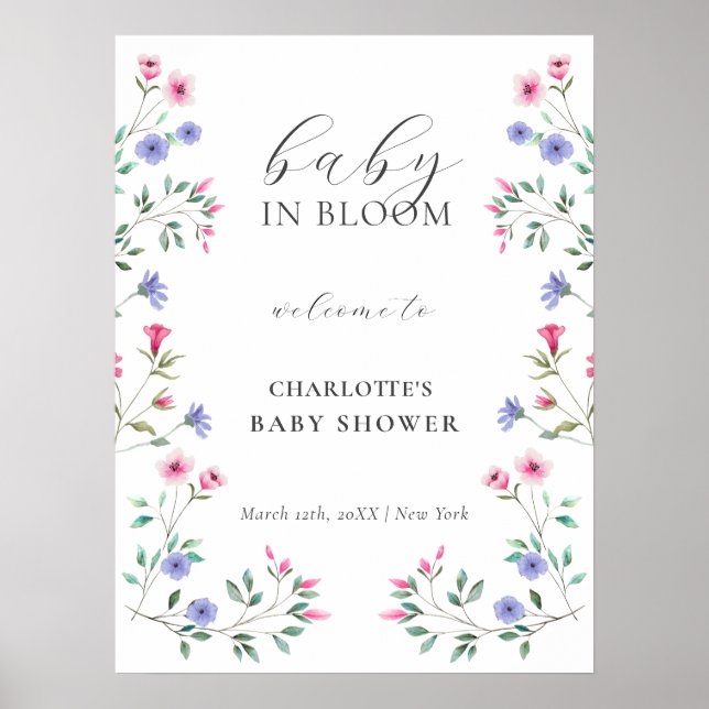Baby i Bloom Wildblomme Baby Shower Välkommen Poster (Framsidan)