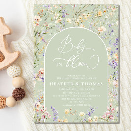 Baby i Bloom Wildblomme QR Sage Grönt Baby Shower Inbjudningar