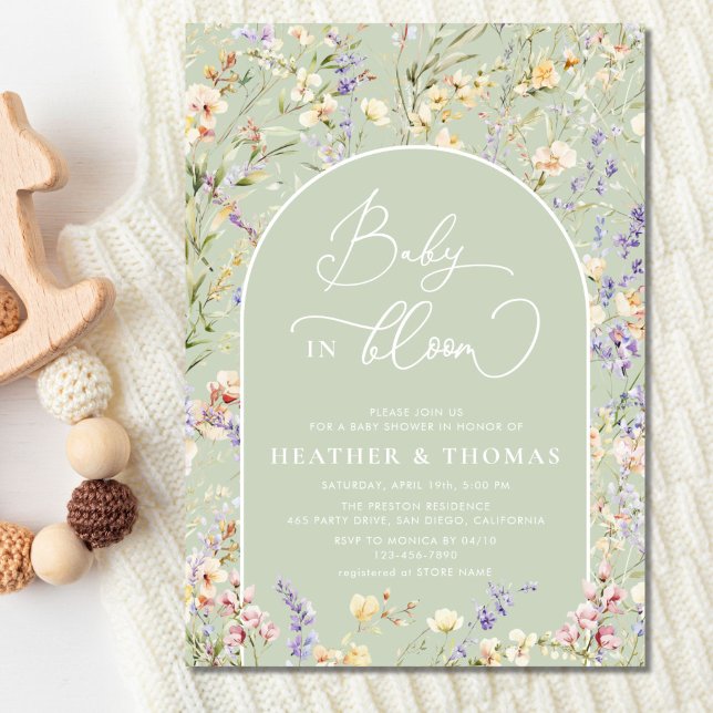 Baby i Bloom Wildblomme QR Sage Grönt Baby Shower Inbjudningar (Skapare uppladdad)