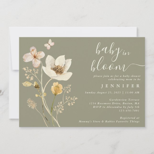 Baby i Bloom Wildblomme Sage Baby Shower Inbjudningar (Framsida)
