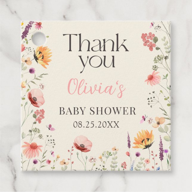 Baby i Bloom Wildblommes Blommigt Baby Shower Gåvor Etiketter (Framsida)