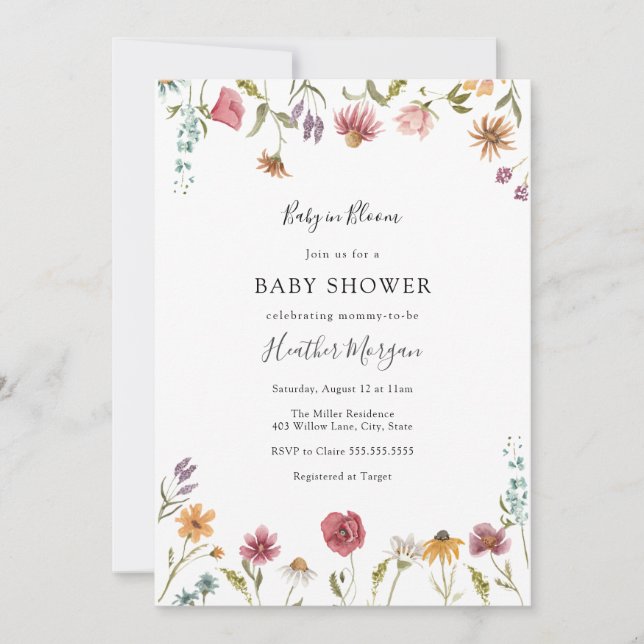 Baby i Bloom Wildblommes Blommigt Baby Shower Inbjudningar (Framsida)