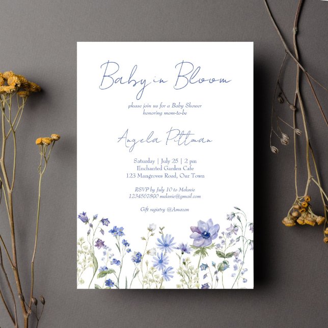 Baby i bloom Wildblommes dammiga blå babydusch Inbjudningar (Baby in bloom dusty blue boho Wildflower baby shower Invitation editable template instant download)