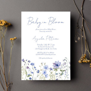 Baby i bloom Wildblommes dammiga blå babydusch Inbjudningar