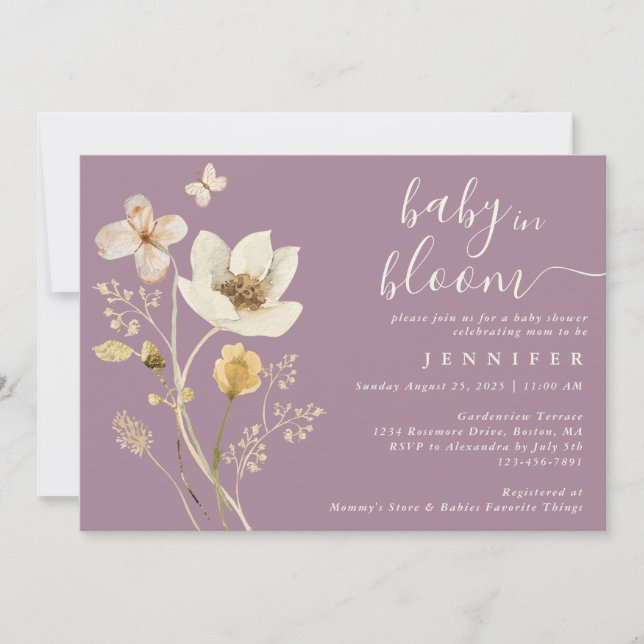 Baby i Bloom Wildblommes dammiga Lila Baby Shower Inbjudningar (Framsida)