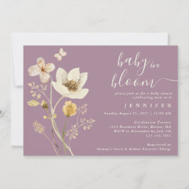 Baby i Bloom Wildblommes dammiga Lila Baby Shower Inbjudningar