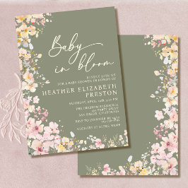 Baby i Bloom Wildblommes Grönt Baby Shower Inbjudningar