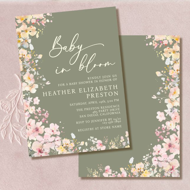 Baby i Bloom Wildblommes Grönt Baby Shower Inbjudningar (Skapare uppladdad)