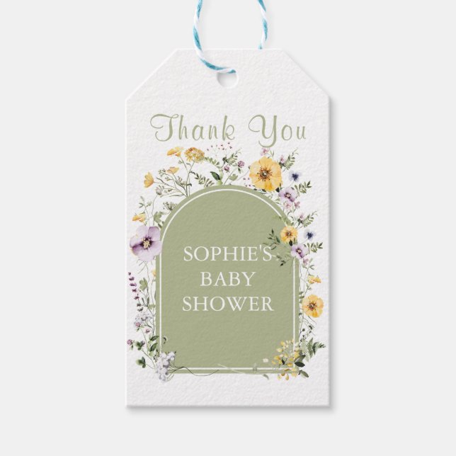 Baby i Bloom Wildblommes Grönt Baby Shower Presentetikett (Framsidan)