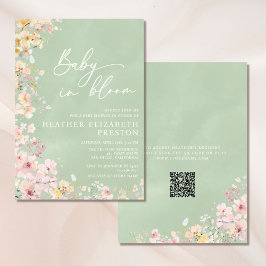 Baby i Bloom Wildblommes Grönt QR Baby Shower Inbjudningar