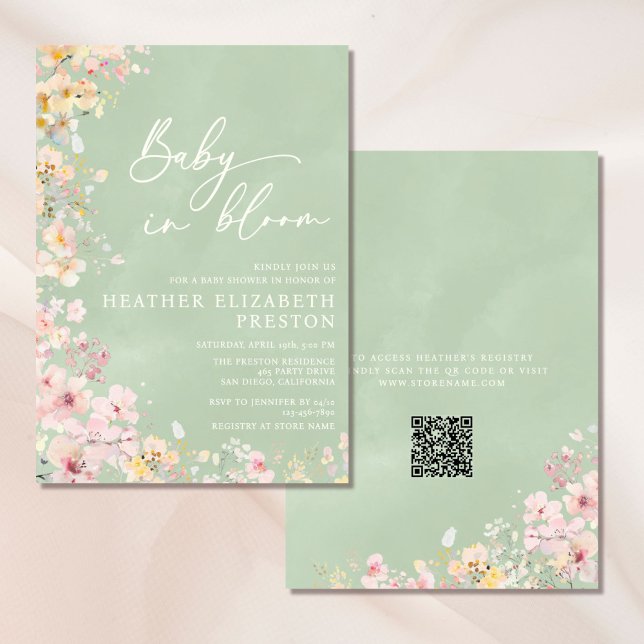 Baby i Bloom Wildblommes Grönt QR Baby Shower Inbjudningar (Skapare uppladdad)