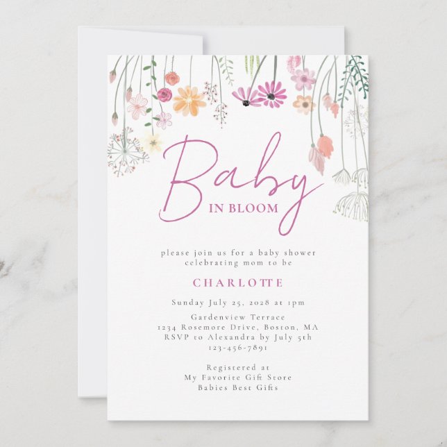 Baby i Bloom Wildblommes Rosa Baby Shower Inbjudningar (Framsida)