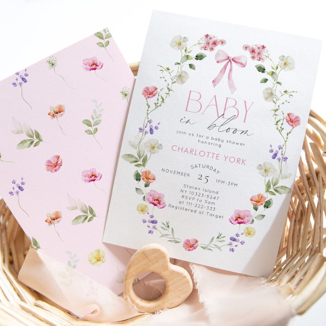 Baby i Bloom Wildblommes rosa Bow Baby Shower Inbjudningar (Skapare uppladdad)