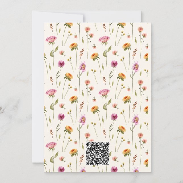 Baby i Bloom Wildblommes Rosa Girl QuR Baby Shower Inbjudningar (Baksida)