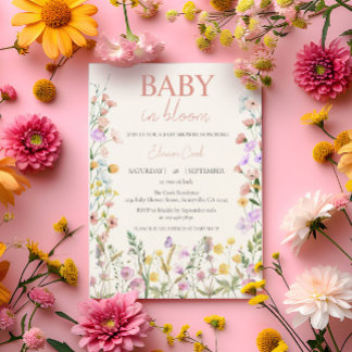 Baby i Bloom Wildblommes Rosa Girl QuR Baby Shower Inbjudningar