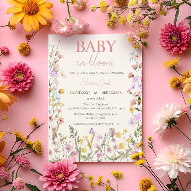 Baby i Bloom Wildblommes Rosa Girl QuR Baby Shower Inbjudningar (Skapare uppladdad)