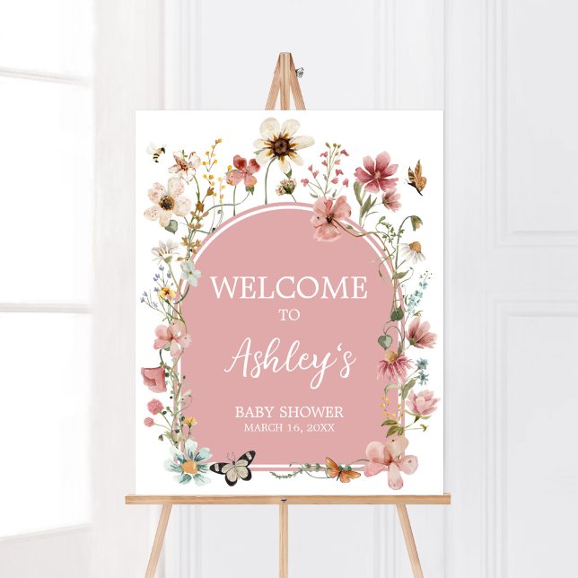 Baby i Bloom Wildblommes välkomstbesök Poster (Muted Pink Spring Flowers Baby Shower Welcome Sign)