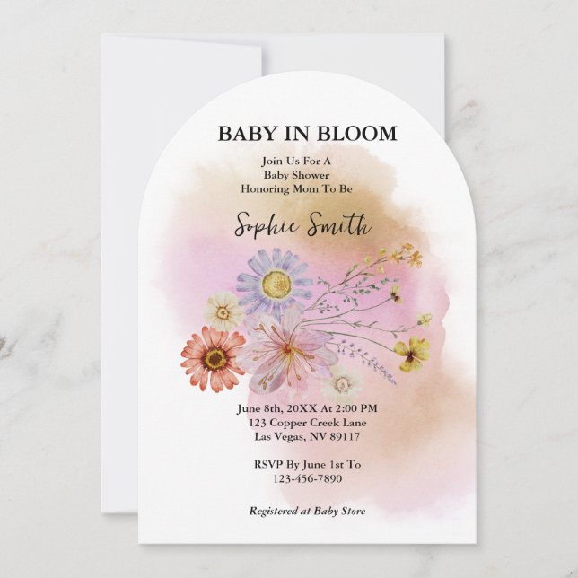 Baby i bloom Wildblommes vattenfärgsbåge Inbjudningar (Framsida)