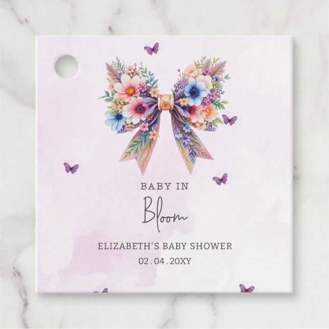 Baby i Bloom Wildblommor Bow Girl Shower Gåvor Etiketter (Framsida)
