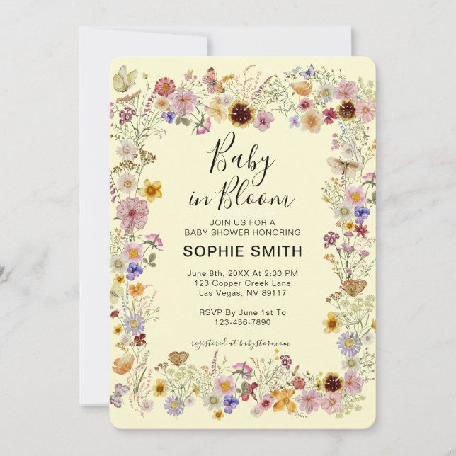 Baby i Bloom Wildblommy Dusty Ro Baby Shower Inbjudningar (Framsida)