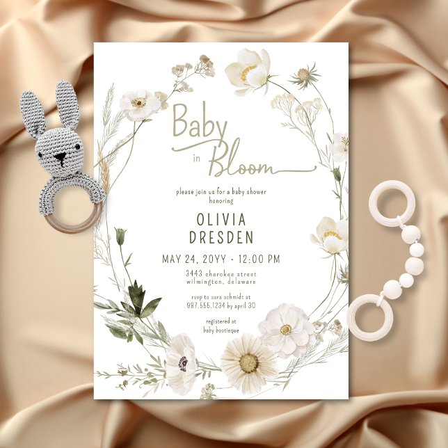 Baby i Bloom Wildbloms utandningsskugga för blommo Inbjudningar (Baby In Bloom Wildflower Wreath Baby Shower Invitation)