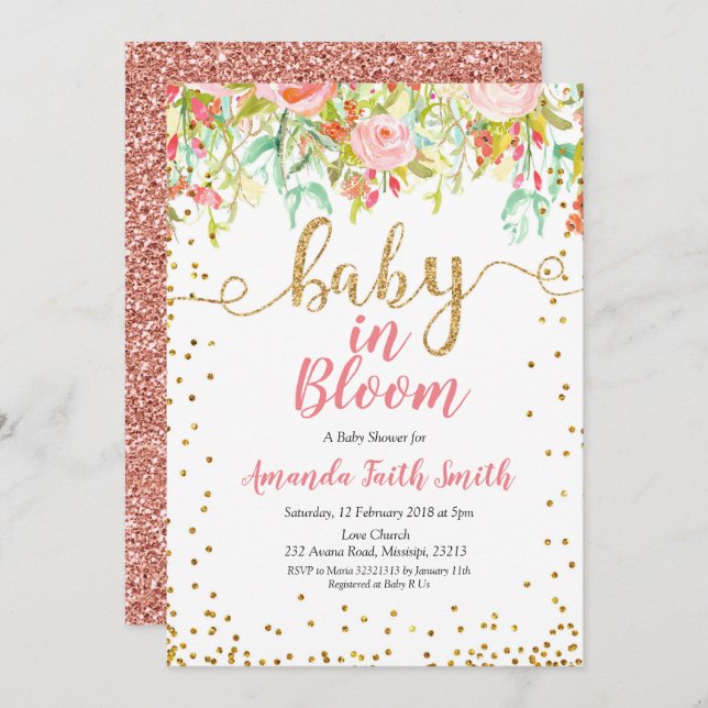 Baby i blosinbjudningskort Ro guld Inbjudningar (Fram/baksida)