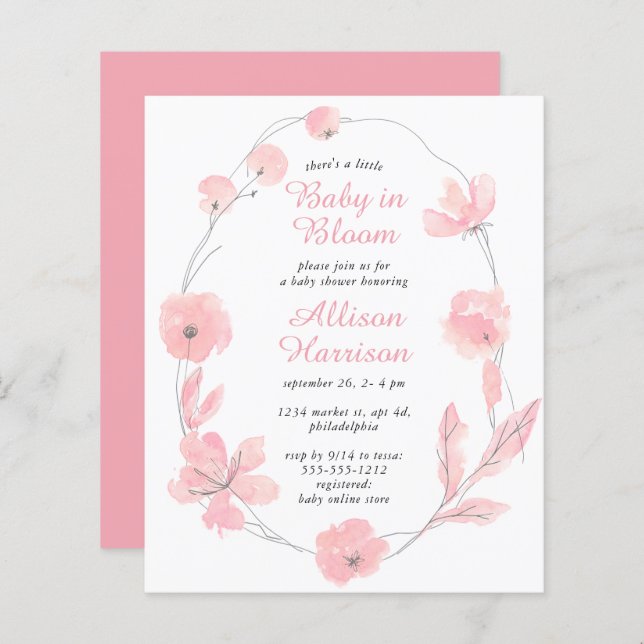 Baby i budgetinbjudan för Blommigt av blooms Rosa  (Fram/baksida)