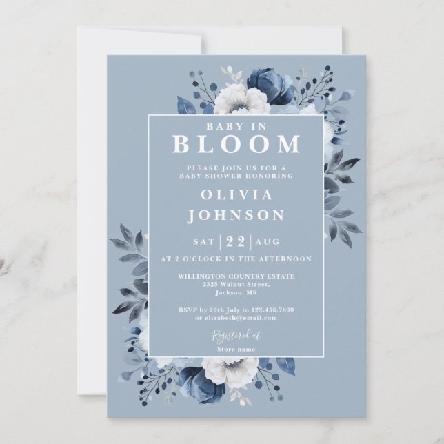 Baby i Bum Dusty Blue Modern Blommigt Baby Shower Inbjudningar (Framsida)