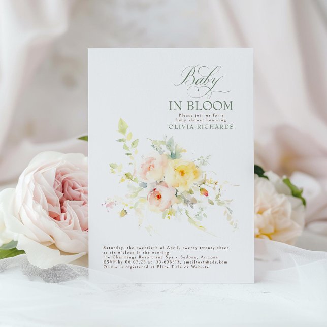 Baby i Eleganten för babykläder för Blommigt i blo Inbjudningar (Floral Baby Shower Invitation)