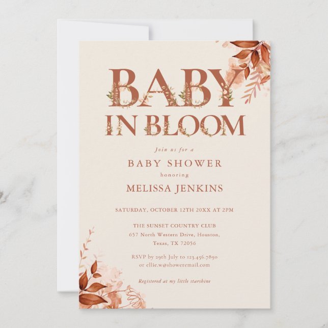 Baby i full blom Rustik blomster höst baby shower Inbjudningar (Framsida)