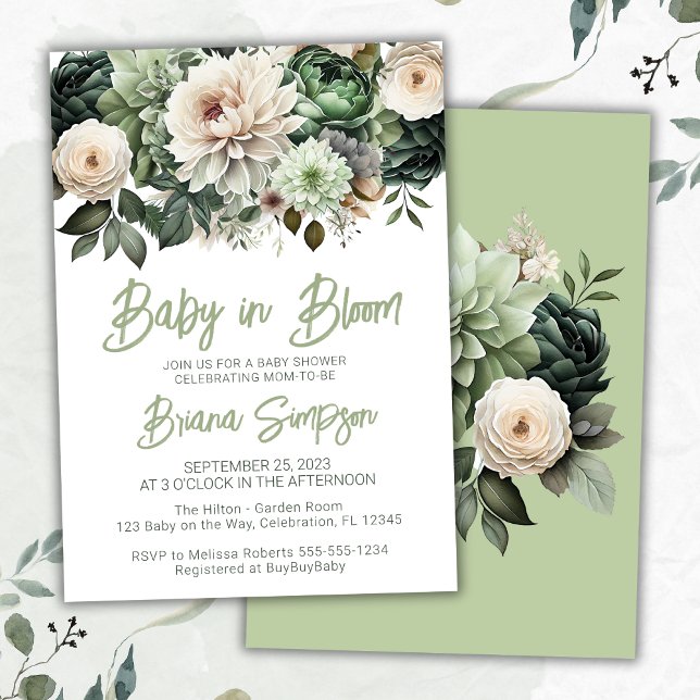 Baby i Grönten Bloom Sage  Blommigt Baby Shower Inbjudningar (Skapare uppladdad)