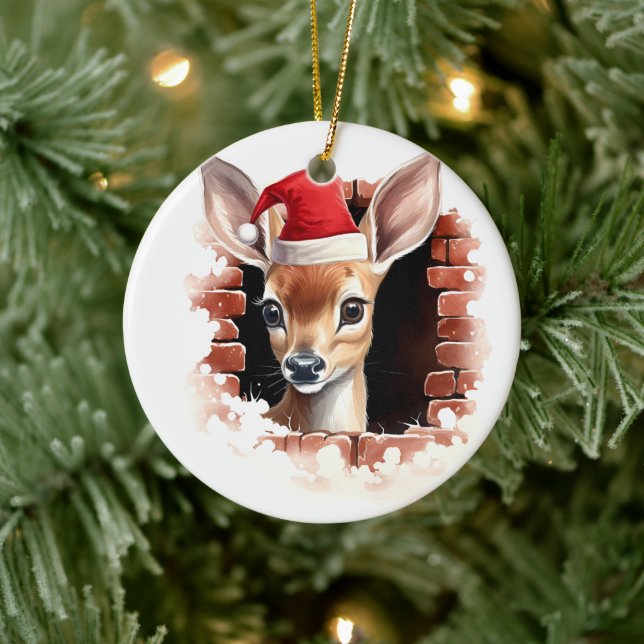 Baby i Hjort i Santa Hat - 3D Julgransprydnad Keramik (Träd)