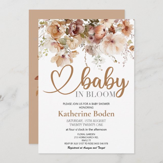 Baby i inbjudan till babyådgivare i Bloom Blommigt (Fram/baksida)